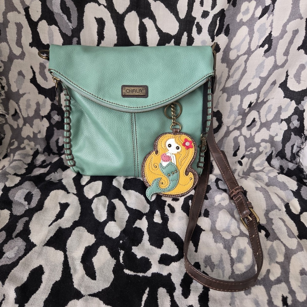 Chala Women's Teal Crossbody Handbag With Whimsical Mermaid Coin Key Charm READ